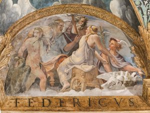 A boltozat részlete: Vénuszt ábrázoló lunetta, aki megszerezte a Merkúr elérhetőségét Zeusztól, az Ámor és Psyche kamrájától (Sala di Amore e Psiche)