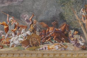 Egy csatát ábrázoló részlet, A trójai faló, Trójakamra (Sala di Troia)