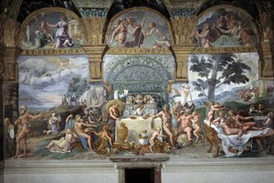 Ámor és Psyche házasságát ünneplő nemesi lakoma, Ámor és Psyché termének déli fala, 1527-31 körül (freskó)
