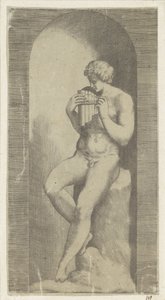 Meztelen férfi serpenyőben fuvolával egy fülkében alkotó: Giulio Bonasone (possibly)
