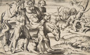 Egy részeg Silenus szamáron lovagolva, akit szatírok támogatnak, 1531-76.
