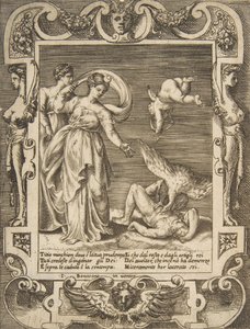 Titius bensőjét faló keselyű, Ámor két nő fölött balra, egy...-en belül, 1531-76. alkotó: Giulio Bonasone