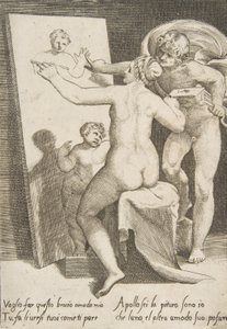 Apolló egy nő mellett áll, és a festészet allegóriáját képviseli, A szerelmek..., 1531-60-ból. alkotó: Giulio Bonasone