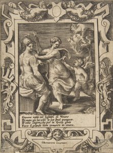 Athéné Juno közelében ül, aki elvette Ámor nyilait, egy kidolgozott keretben..., 1531-76. alkotó: Giulio Bonasone