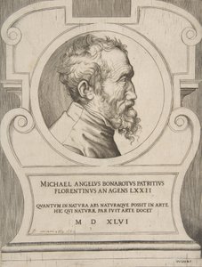 Michelangelo mellszobrai portréja jobbra néz, egy kartonban., 1546. alkotó: Giulio Bonasone