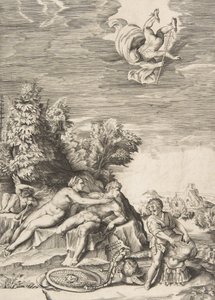 Calypso megpróbálja visszatartani Ulysses-t, mint egy gyerek, jobbra készíti elő a páncélját, és Mercury fa..., 1531-76. alkotó: Giulio Bonasone
