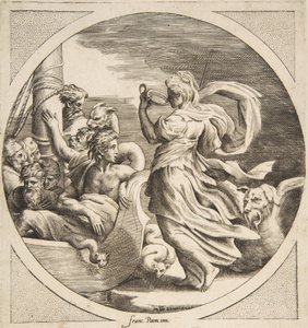 Circe pohárból iszik Ulysses társaival egy csónakban balra, körlevél ..., 1531-76. alkotó: Giulio Bonasone