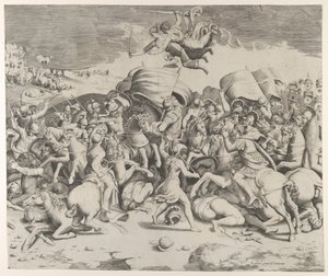 Konstantin legyőzi a zsarnok Maxentiust, felette kardot hordozó angyalok repülnek, 1544., 1544. alkotó: Giulio Bonasone