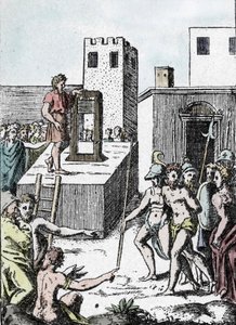 Halálbüntetés: a Mannaia nevű, Achille Bocchi által tervezett guillotine (machine a decollation) ősével, 1555-ben halálbüntetés végrehajtása Olaszországban”” Giulio Buonasone (Bonasone) metszete (1498-1574) (A Manna