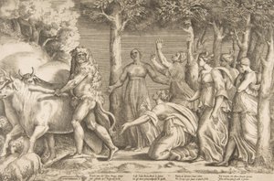 Herkules, aki elűzi Geryon jószágát, jobbra Hesperides nimfái, ..., 1531-76. alkotó: Giulio Bonasone