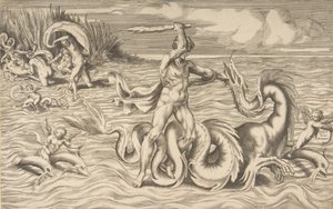 Herkules harcol egy sárkánnyal középen, Achelous elviszi Deianeirát a bal felső sarokban, 1531-76. alkotó: Giulio Bonasone