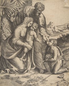 Szent Család Keresztelő Szent Jánossal, aki a jobb oldalon térdel, 1531-76. alkotó: Giulio Bonasone