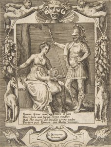 Juno, Mars és Ámor, kidolgozott keretek között, a Szerelmek, dühök és féltékenység..., 1531-76-ból. alkotó: Giulio Bonasone