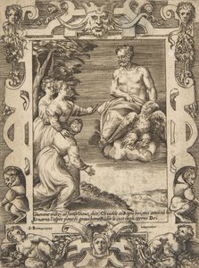 Juno a bal oldalon arra kéri Jupitert, hogy segítsen a görögöknek, kidolgozott keretek között, a „..., 1531-76-ból”. alkotó: Giulio Bonasone