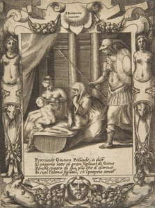 Juno ráveszi Athénét, hogy ápolja az ifjú Herkulest, kidolgozott keretek között,..., 1531-76. alkotó: Giulio Bonasone