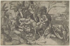 Jupitert szoptatta Amalthea kecske alkotó: Giulio Bonasone