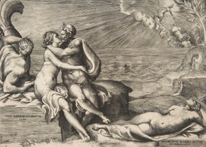 Jupiter Juno iránti szerelme újra fellángolt, amikor felveszi a Vénusz övét, 1546. alkotó: Giulio Bonasone