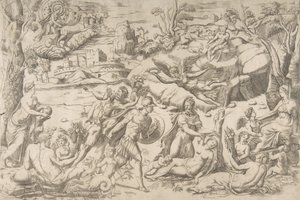 Mars és Rhea Silvia: középen a Mars pajzsot és kardot tart, Rhea Silvia alszik..., kb. 1531-76. alkotó: Giulio Bonasone