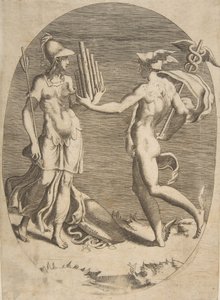 Merkúr pánsípot ad a bal oldalon álló Minervának, ovális kompozíció, 1531-76. alkotó: Giulio Bonasone
