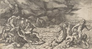 A Neptunusz lecsillapítja a vihar Aeolust, amelyet az Aeneas flotta ellen emeltek, 1531-76. alkotó: Giulio Bonasone