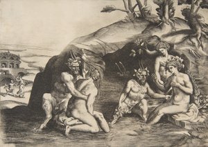 Nymfák és szatírok fürdőzése, 1531-76. alkotó: Giulio Bonasone
