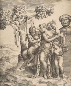 Pán balra egy álló nimfa mellett ülve, jobbra Ámor cintányérokat tartva, 1531-76.