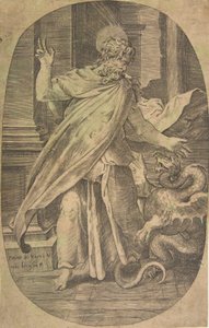 Szent Pál a viperát legyőzve, építészeti környezetben, ovális kompozíció, kb. 1540-70. alkotó: Giulio Bonasone