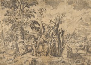 A Pihenő Egyiptomba menekülőben, jobbra József, a Szűzanya tartja a Krisztus-gyermeket i..., 1531-76.