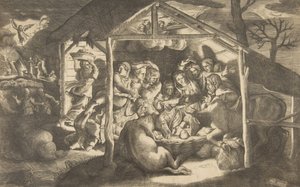 A pásztorok imádata, a gyermek Krisztust körülvevő különféle alakok a században, 1531-76. alkotó: Giulio Bonasone