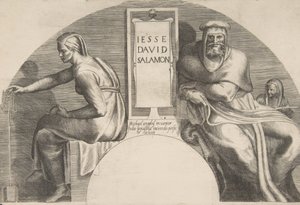 Krisztus ősei feliratos tábla, íves felső kompozíció mellett, 1531-76. alkotó: Giulio Bonasone