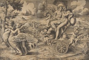A két madár által vontatott szekéren ülő Ámor és Psyche diadala nyugszik..., kb. 1550-67. alkotó: Giulio Bonasone