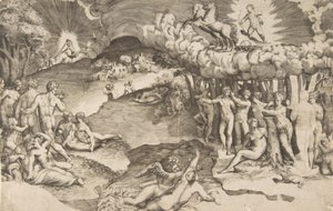 A szerelem diadala, az egyszarvú által vontatott szekéren lovagló Ámor a jobb felső sarokban, meztelenül..., 1545. alkotó: Giulio Bonasone