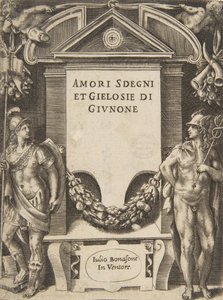 A „Juno szerelmei, dühei és féltékenységei” című sorozat címtáblája, 1531-76. alkotó: Giulio Bonasone