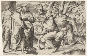 Két szatír vezeti Silenust Midas királyhoz, aki balra áll két férfi kísérővel..., kb. 1550-80. alkotó: Giulio Bonasone