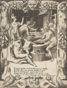 Vulkán, Neptunusz, Athéné és más istenek bilincseket készítenek, hogy kihúzzák Jupitert az égből..., 1531-76. alkotó: Giulio Bonasone
