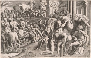A trójaiak a falovat Trójába hurcolják alkotó: Giulio Bonasone, after Francesco Primaticcio