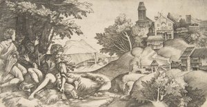 Balra négy pásztor hangszerekkel egy facsoport alatt ülve..., kb. 1517