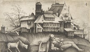 A tájban fekvő öreg pásztor, mögötte épületek, egy kecske és egy birka a..., kb. 1500-1515.