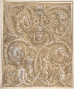 Dísztábla tervezése Rinceaux-val, szatírokkal, puttikkal, szörnyekkel és emberi fejjel, 1535-45. alkotó: Giulio Campi.