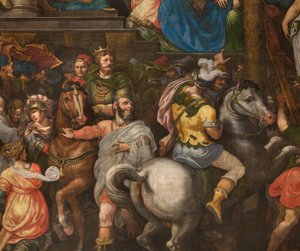 Fal a déli kereszthajó homlokzatával szemben, Giuseppe Campi, Mordecai diadala 1567, Részlet alsó rész