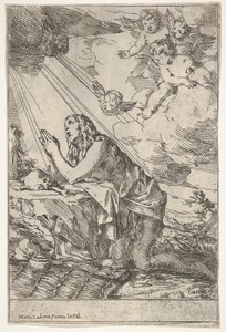Bűnbánó Magdolna egy sziklás talajon térdel egy koponya és csontok, egy kenőcs..., kb. 1640-55. alkotó: Giulio Carpioni