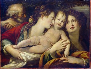 Szent Katalin misztikus házassága (290-307 körül) (The Mystic Marriage of Saint Catherine). Szűz Mária a gyermek Jézust ajándékozza Alexandriai Szent Katalinnak, aki az ujjára veszi a jegygyűrűt. Giulio Cesare Procaccini (1574-1625) festménye, h alkotó: Giulio Cesare Procaccini