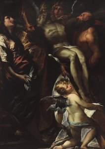 A kereszt leengedése Mária Magdolnával, Ágoston, Jeromos és az angyalok segítségével alkotó: Giulio Cesare Procaccini