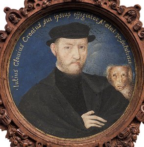 Önarckép kutyával, 1528 alkotó: Giulio Clovio