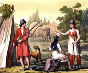 Buccaneers és nők flibustier: a kalóz Jack Rackham szerint a Red vagy John Rackham, ismertebb nevén Calico Jack (? -1720) Anne Bonny (Bonney) és Mary (Marc) Read képviseletében Nyugat-Indiában. A tányér a "" A régi és modern jelmez" -ből vett F