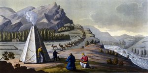 Számi táj: az északi országok (Norvégia, Finnország, Svédország és Oroszország) földjén élő őslakosok fonott kosarakat készítenek, halat takarítanak sátor közelében. a "" A régi és modern kosztümben" - Ferrario, szerk. Milánó