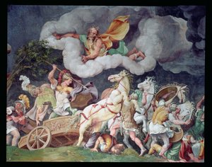 Akhilleusz Hektor holttestét vonszolja a szekerén, részlet a Sala di Troia mennyezetéről, 1538 körül alkotó: Giulio Romano