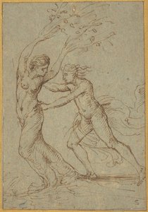 Apolló és Daphne (toll és barna tinta zöld-kék bágyázott papírra) alkotó: Giulio Romano