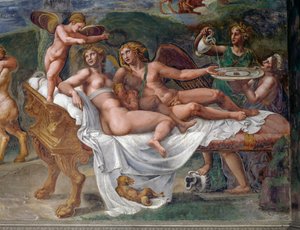 Ámor és Psyche lányukkal, Voluptasszal (Öröm) ágyon fekve, részlet az esküvői lakomából vagy az istenek lakomájából, Giulio Romano (1499-1546) freskója, Palazzo Te, Mantua (UNESCO Világörökségi Lista, 2008), Lombardia, Olaszország