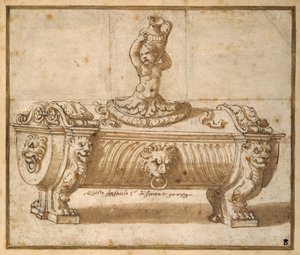 Édesdoboz dizájnja (toll és barna tinta papírra mosással) alkotó: Giulio Romano